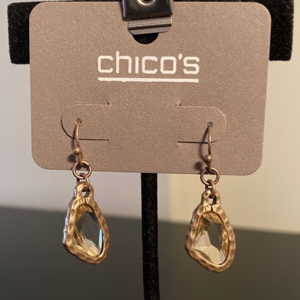 Chico's Gold Hammered Earrings with Clear Accents